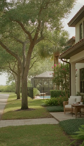 Spanish-style house with covered porch, wicker seating, and mature oak trees lining the driveway toward a pool and water view.