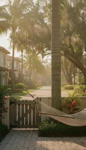 Backyard patio with hammock, flowering shrubs, palm trees, and colonial-style houses lining a tree-shaded street