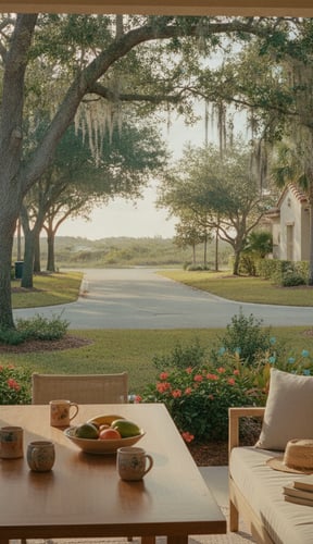 Covered patio with table and seating overlooking tree-lined driveway, water, and Spanish colonial buildings