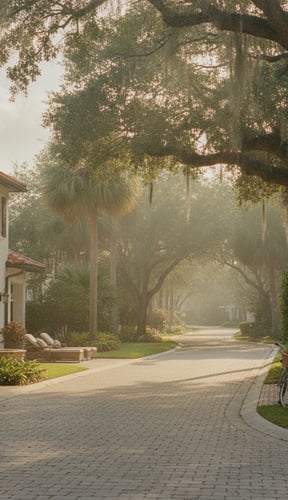 Tree-lined driveway with Spanish colonial house, palm trees, and hanging moss in morning light