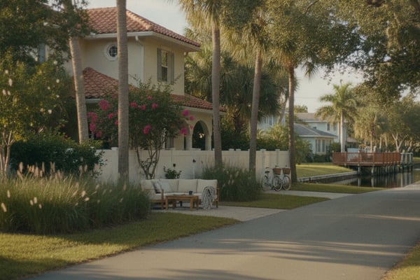 Waterfront home with terracotta roof, palm trees, magenta bougainvillea, and bench seating near driveway.