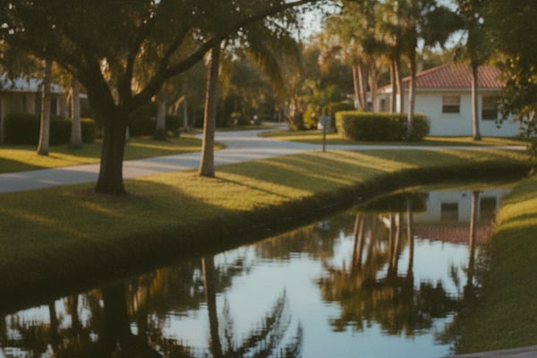 Tree-lined residential street with pond, palm trees, and white house with red roof in background