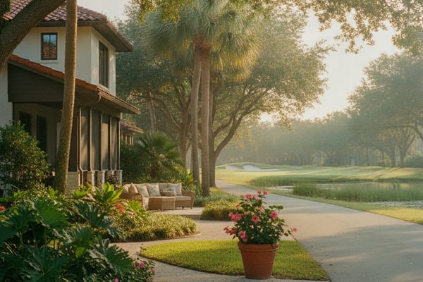 Waterfront home with porch seating, flowering plants, and mature oak trees overlooking a pond and manicured lawn.