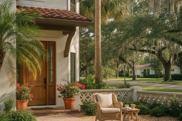 Front porch with wicker chair, potted red flowers, and brick pathway lined with palm trees and oak trees with Spanish moss.