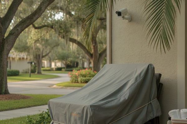Covered lounge chair on patio with security camera, palm fronds overhead, tree-lined street in background