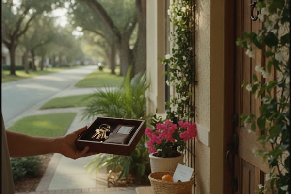 Hand holding wooden tray with keys at front door entrance surrounded by pink flowers and climbing vines, tree-lined street visible beyond