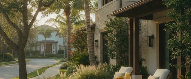 Modern stone house with patio seating, palm trees, and ivy-covered walls overlooking tree-lined street